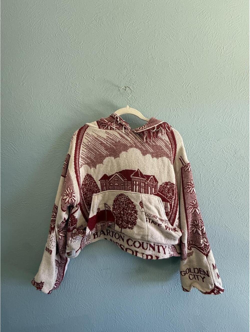 Handmade red white tapestry blanket hoodie Missouri Barton County